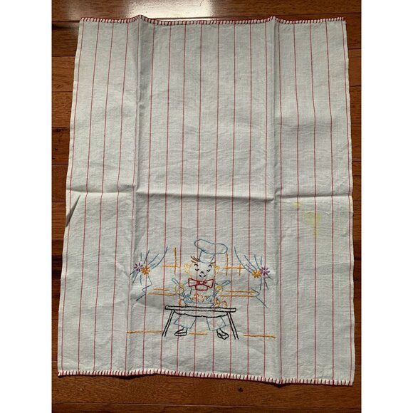Vintage Red Pinstriped Hand Embroidered Chef cooking Hand Towel - Picture 8 of 8